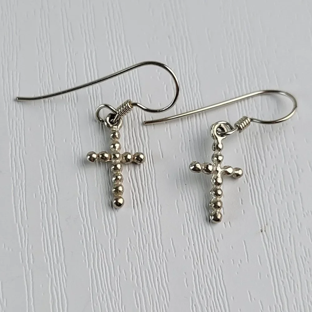 Handcrafted Minimalist Sterling Silver Cross Drop Earrings 0.75 Inch Hook Clasp